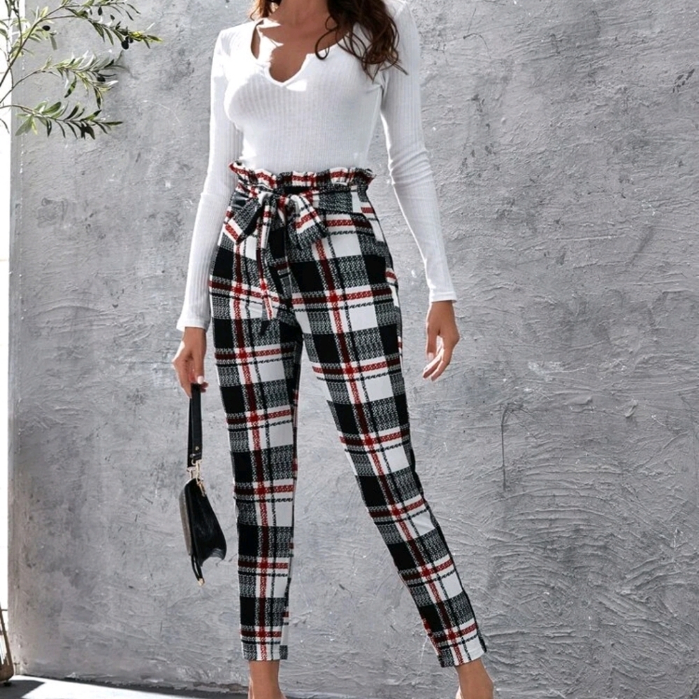 Paperbag Waist Tie Front Plaid Pants NWOT